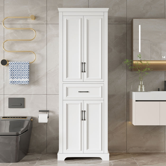 White Giga linen cabinet with freestanding bathroom vanity, 4 doors, 1 drawer, adjustable shelves, and damping hinges.
