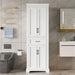 White Giga linen cabinet with freestanding bathroom vanity, 4 doors, 1 drawer, adjustable shelves, and damping hinges.
