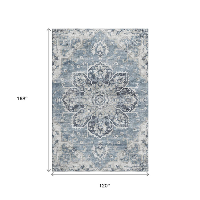 10' X 14' Floral Medallion Distressed Washable Area Rug With UV Protection (644544) - Blue / Ivory / Gray
