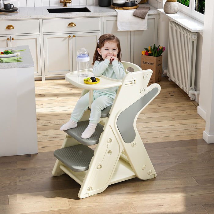 Giga multifunctional highchair for kids with adjustable height and 5-point seat belts, shown in a modern dining setting.