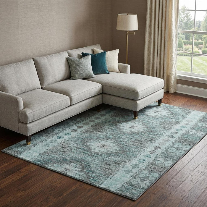 10' X 14' Geometric Washable Area Rug With UV Protection (691848) - Teal / Gray / Aqua