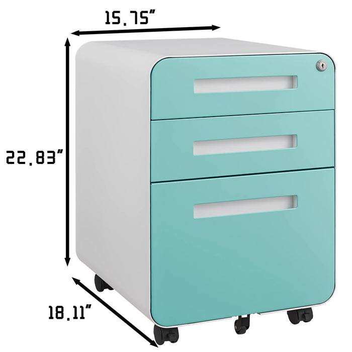 Giga 3 Drawer Mobile Filing Cabinet with five wheels, steel construction, waterproof, moisture-proof, suitable for legal and letter files.