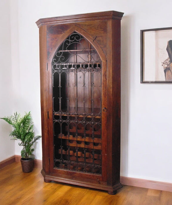 44" Solid Wood And Iron Bar Cabinet With Three Shelves - Dark Brown