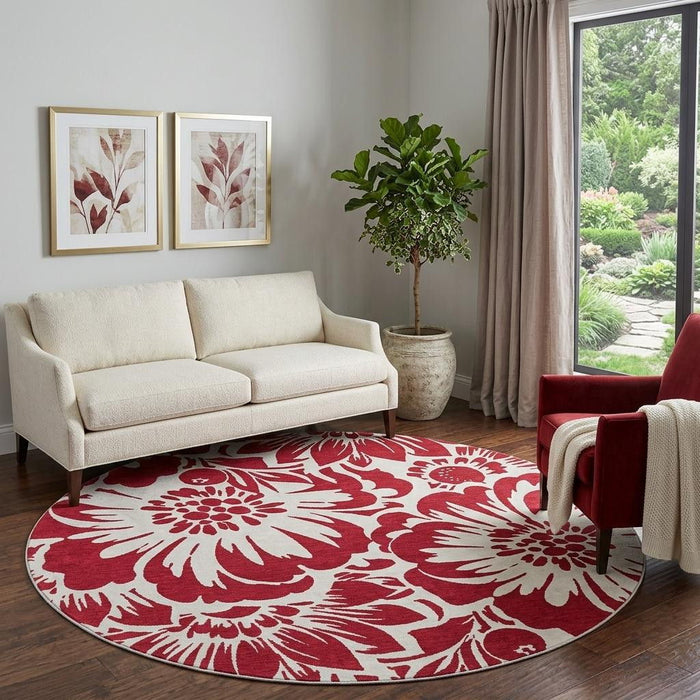 8' Floral Washable Round Rug With UV Protection (648631) - Burgundy / Ivory
