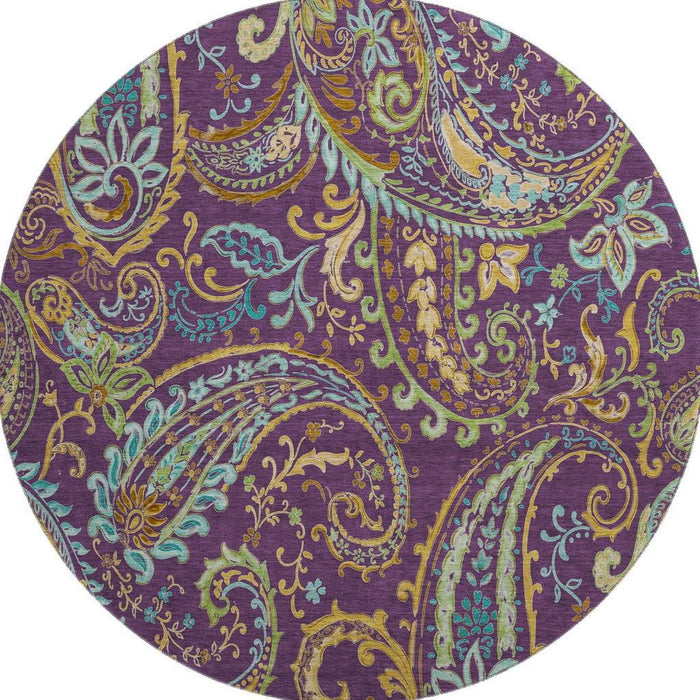 8' Paisley Washable Round Rug With UV Protection (647995) - Purple / Green / Blue