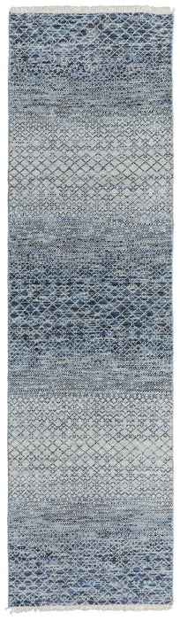 10' Wool Hand Knotted Runner Rug With Fringe - Ivory Gray And Blue