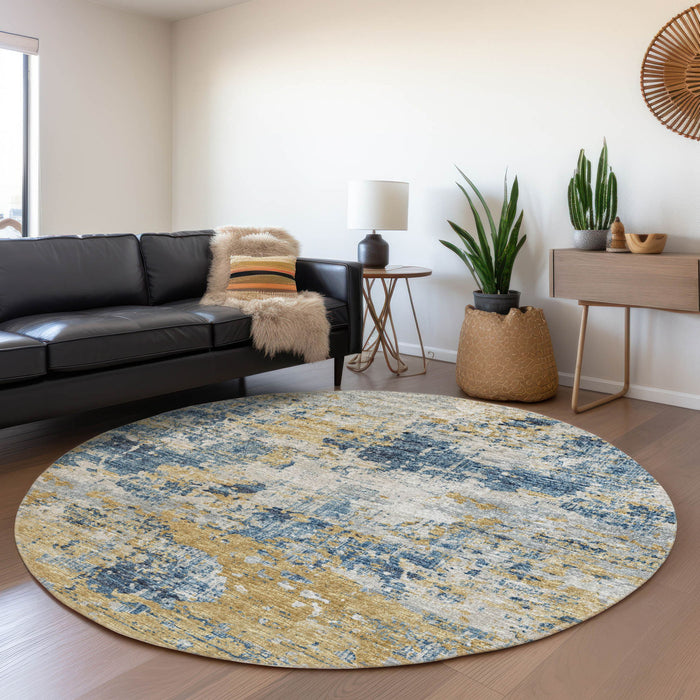 8' Transitional Abstract Washable Round Rug With UV Protection - Blue