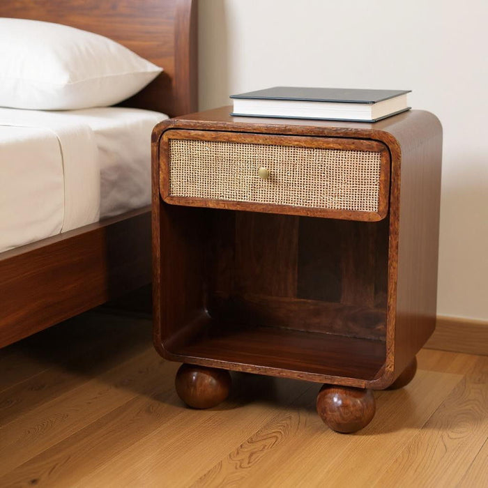 21" Solid Wood Cane Rat One Drawer Nightstand - Chestnut