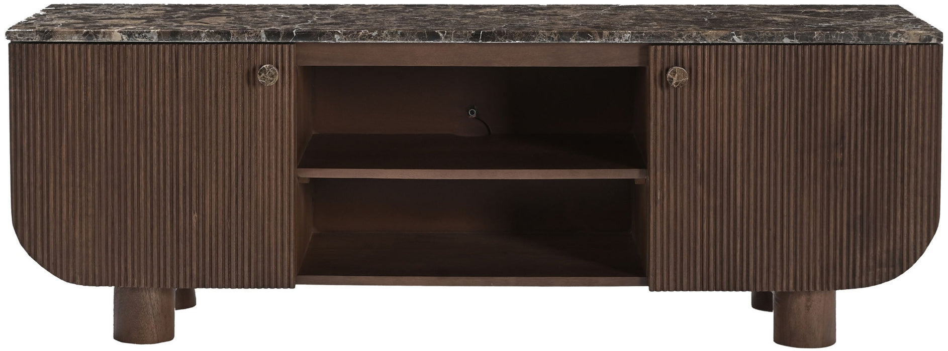 Meridian Furniture Cressa mango wood media console with open shelves and storage compartments for TV and media accessories.