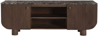 Meridian Furniture Cressa mango wood media console with open shelves and storage compartments for TV and media accessories.