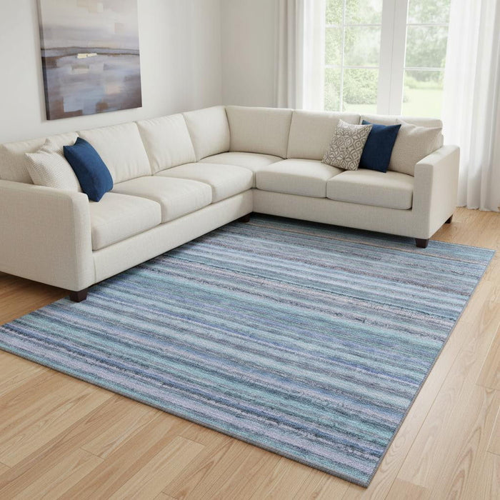 10' X 14' Striped Washable Area Rug With UV Protection (650824) - Sky Blue / Gray