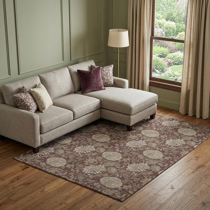10' X 14' Floral Washable Area Rug With UV Protection (655806) - Merlot / Beige
