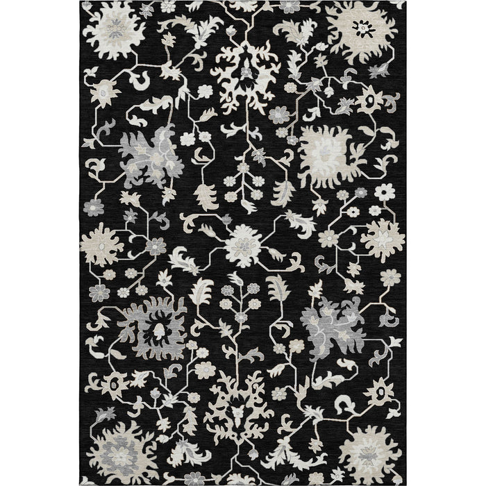 10' X 14' Floral Washable Area Rug With UV Protection (705905) - Black / Ivory