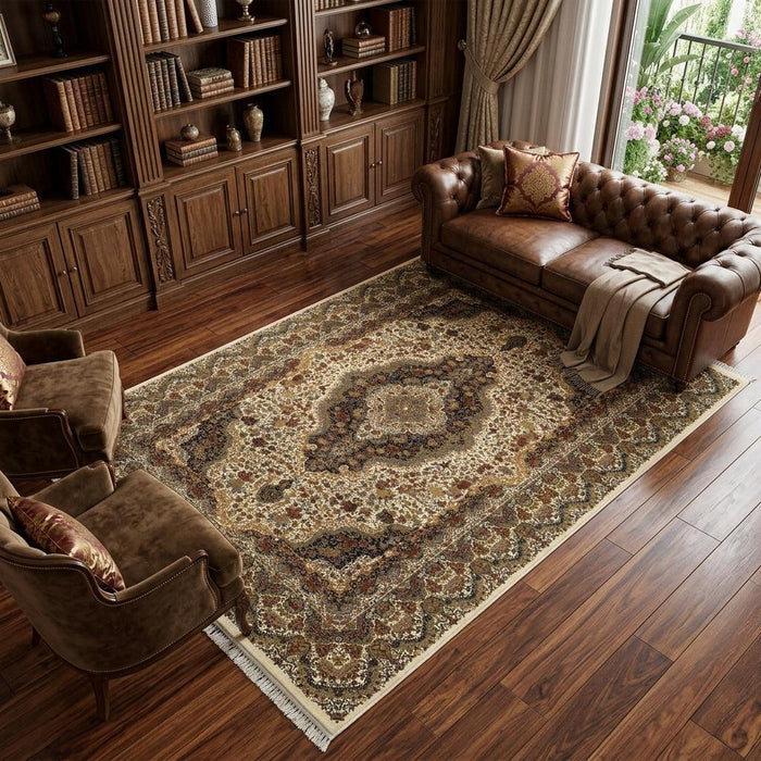 7' X 10' Medallion Area Rug With Fringe (574471) - Ivory / Black / Brown