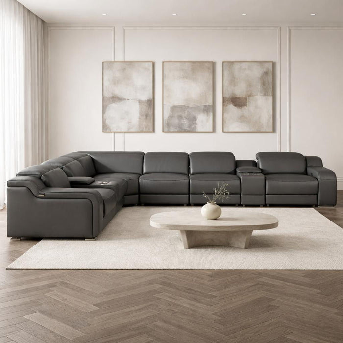 Italian Leather Power Reclining Curved 8 Piece Corner Sectional With Console - Gray