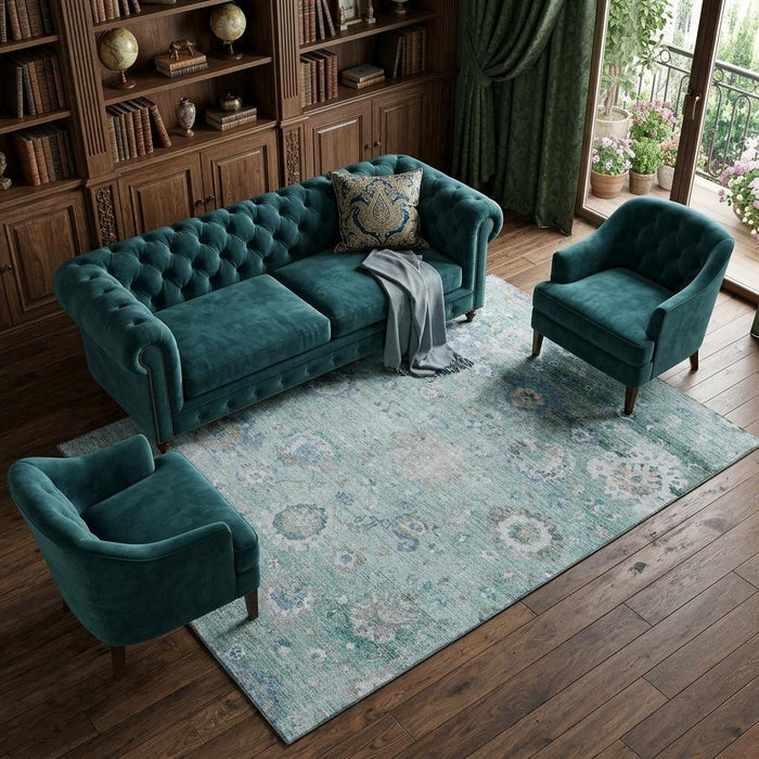 10' X 14' Floral Washable Area Rug With UV Protection (684486) - Aqua / Beige / Taupe