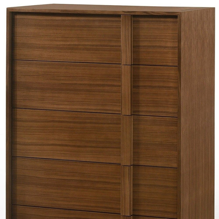 Walnut brown Wood contemporary five-drawer dresser by HomeRoots, featuring sleek modern chifforobe design and smooth drawer fronts.