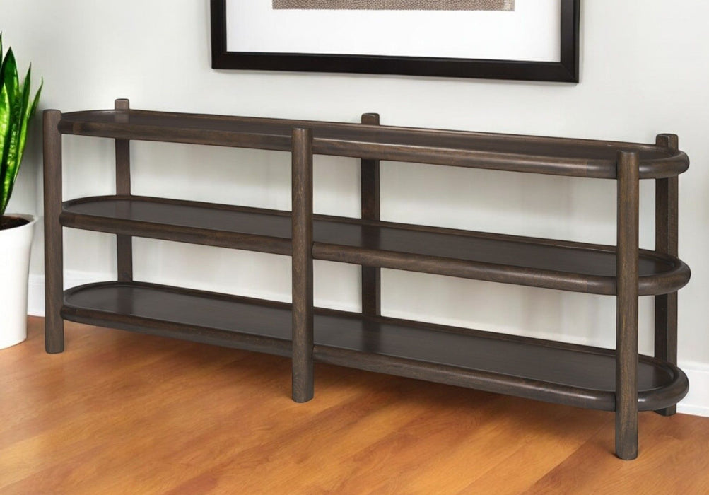 80" Solid Wood Oval Six Leg Console Table With Two Shelves - Brown