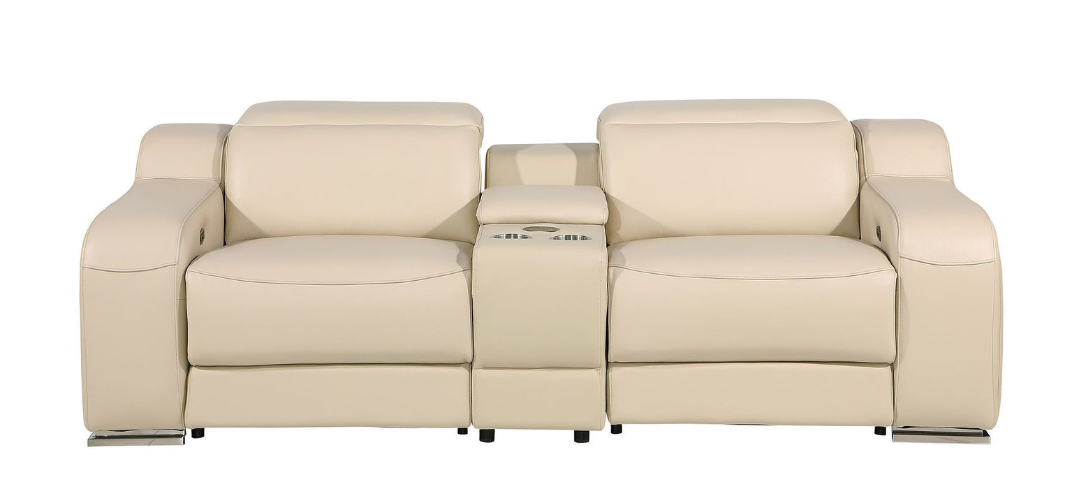 Italian Leather Power Reclining Loveseat With Storage - Beige / Silver