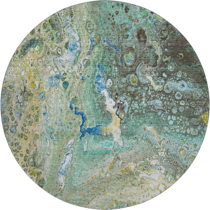 8' Abstract Washable Round Rug With UV Protection (650437) - Teal / Gold / Gray