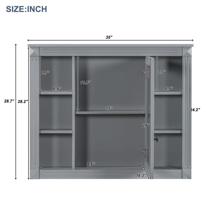 Giga wall-mounted bathroom medicine cabinet with mirror, six open shelves, and adjustable interior for organized storage