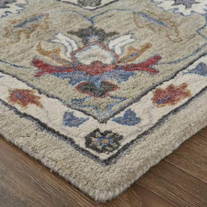 10' x 14' Wool Floral Tufted Handmade Stain Resistant Area Rug - Ivory Taupe And Blue