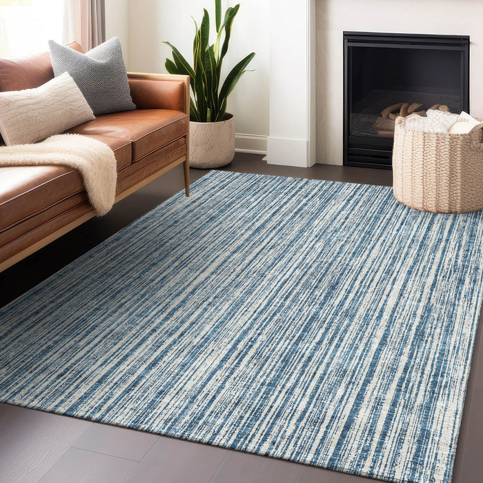 8' X 10' Striped Washable Area Rug With UV Protection - Blue And Ivory