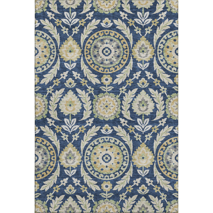 10' X 14' Floral Washable Area Rug With UV Protection - Navy Blue