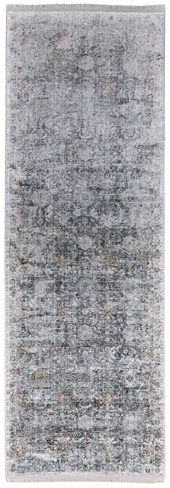 10' x 2.7' Damask Power Loom Worn Faded Runner Rug - Gray And Silver