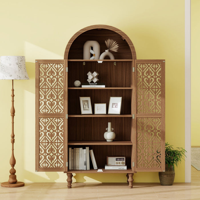 Giga tall walnut kitchen pantry cabinet with hollow carved doors and adjustable shelves for versatile kitchen storage.