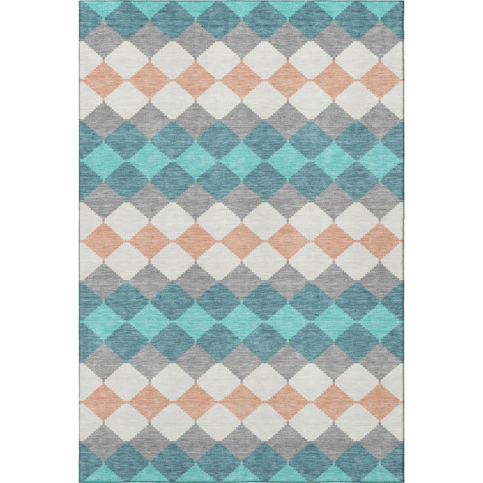 10' X 14' Geometric Washable Area Rug With UV Protection (679090) - Teal / Coral / Ivory