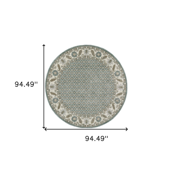 8' Oriental Round Rug - Blue And Ivory