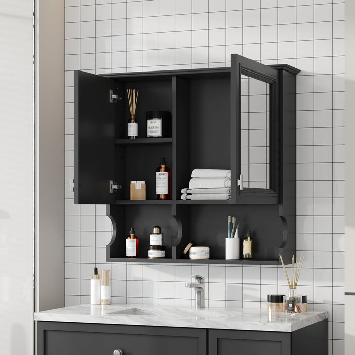 Giga wall-mounted mirror medicine cabinet with doors and open shelves for bathroom storage and organization.