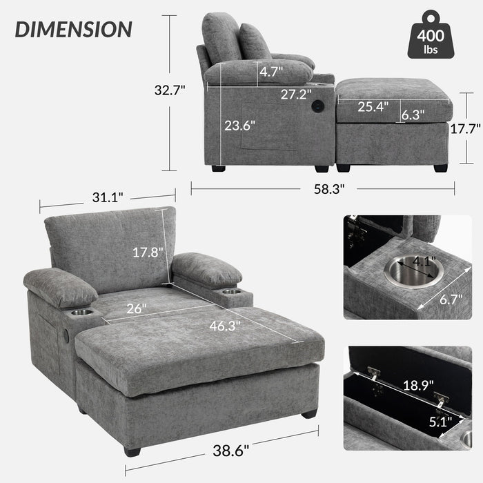 Giga modern oversized stationary chair with matching ottoman, built-in cupholders, and USB charging ports, in a contemporary living room setting.