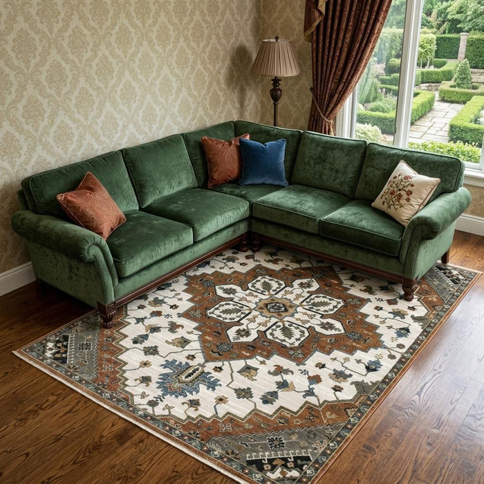 8' X 11' Medallion Area Rug With Fringe (575095) - Rust / Ivory / Black