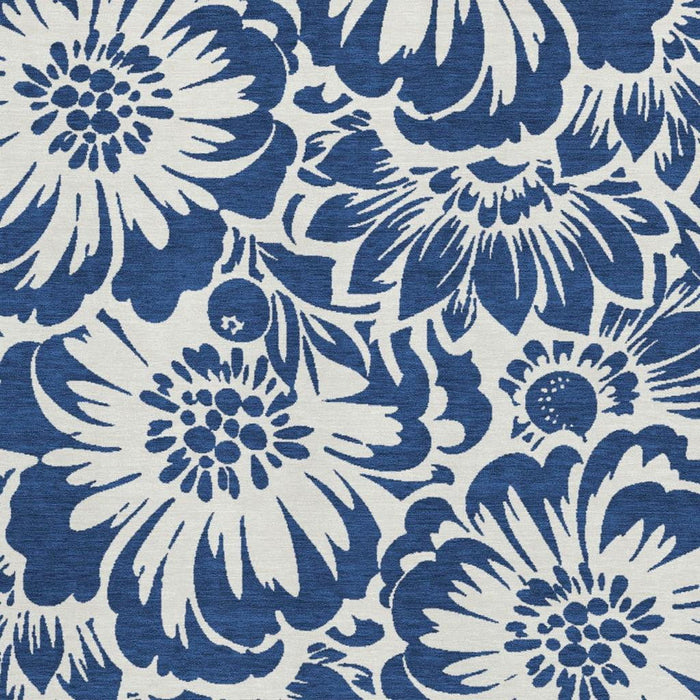 10' X 14' Floral Washable Area Rug With UV Protection (648670) - Navy Blue / Ivory