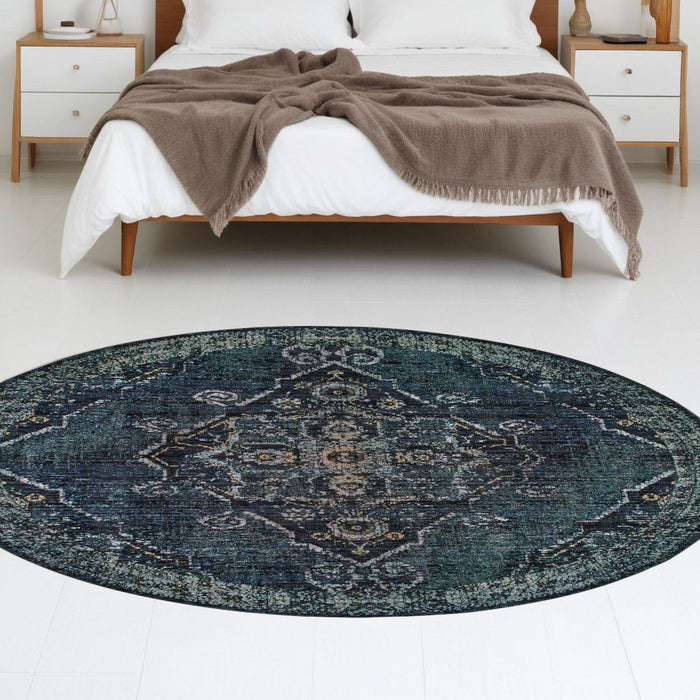 8' Round Oriental Power Loom Area Rug - Blue And Black
