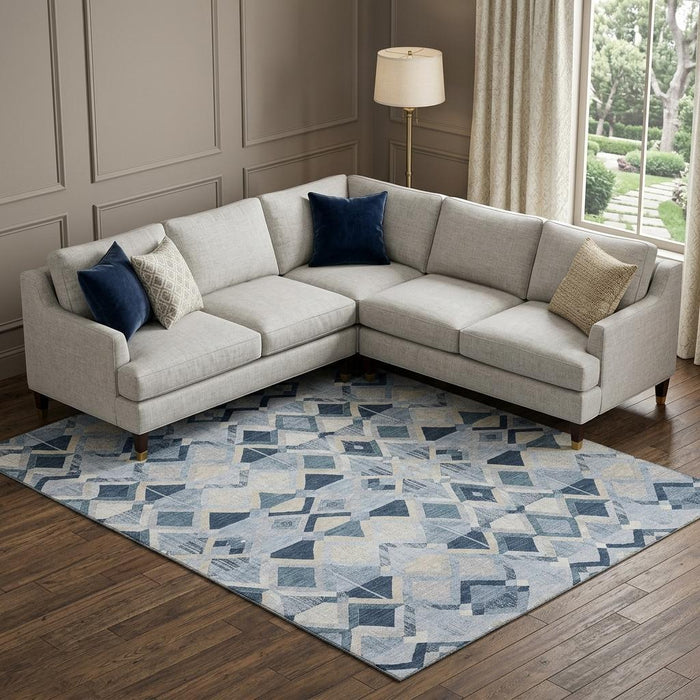 10' X 14' Geometric Washable Area Rug With UV Protection (692916) - Sky Blue / Ivory / Gray