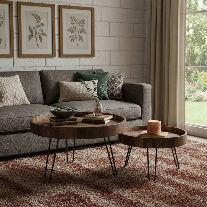 Solid Wood And Iron Round End Tables (Set of 2) - Black And Natural Brown