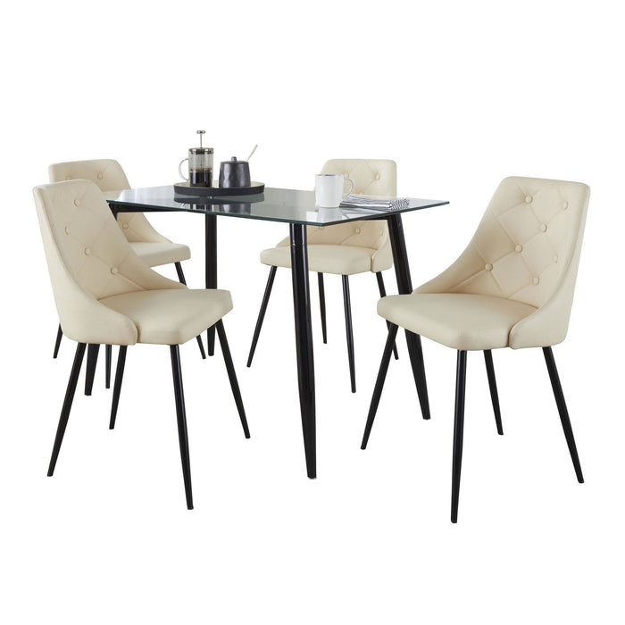 Clara - Giovani 5 Piece Dining Set - Black Metal, Clear Glass, Cream Faux Leather