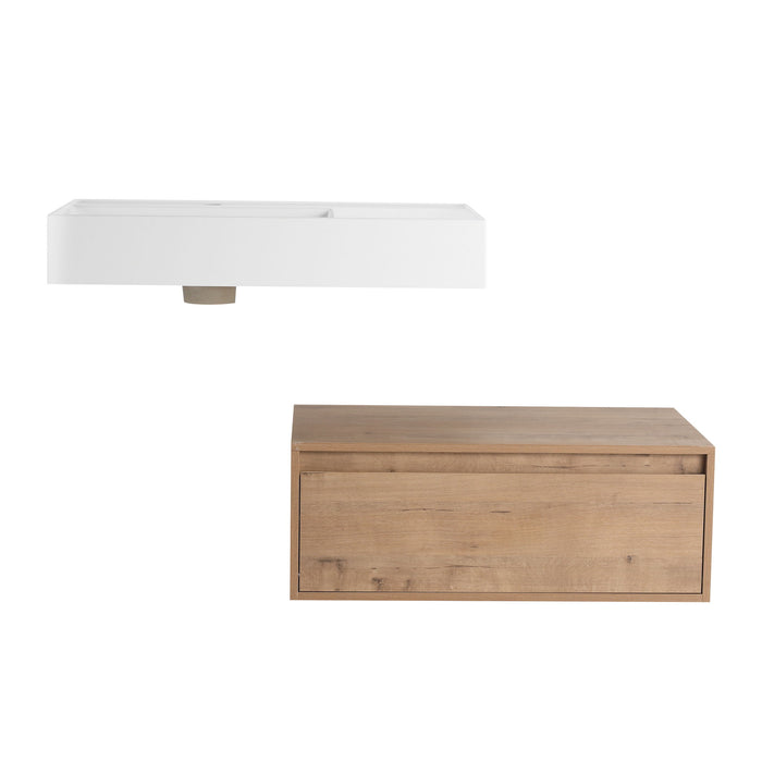 Modern Giga wall-mounted bathroom vanity with resin sink, soft-close drawer, in imitative oak finish.