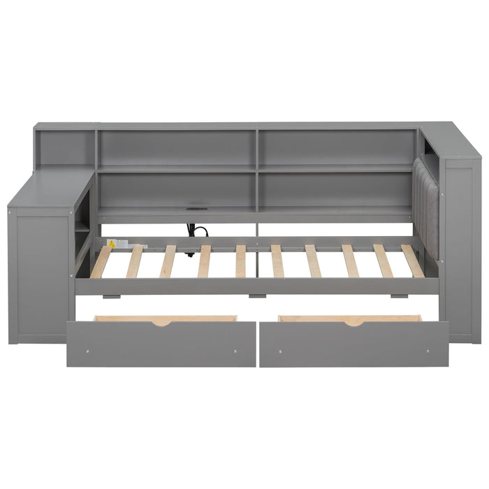 Giga platform storage bed with upholstered headboard, built-in desk, shelves, drawers, charging station, and LED lighting in a modern bedroom.