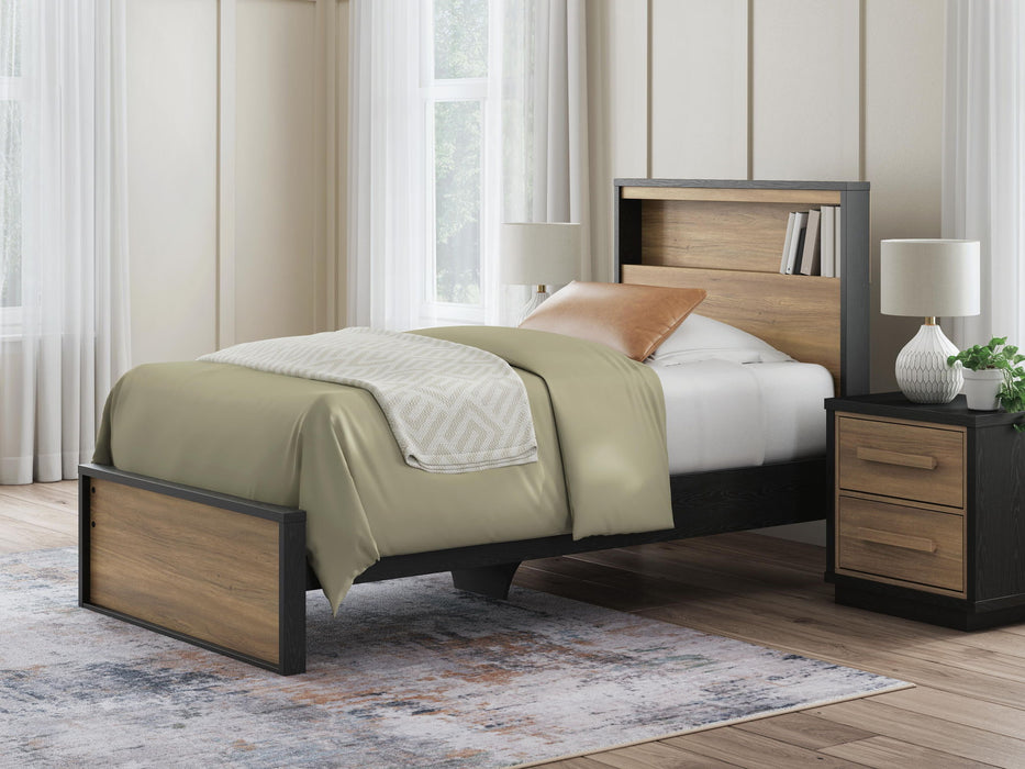 Signature Design by Ashley Kozmour Bookcase Complete Bed Frame in panel bed style with built-in storage and headboard, natural wood finish.