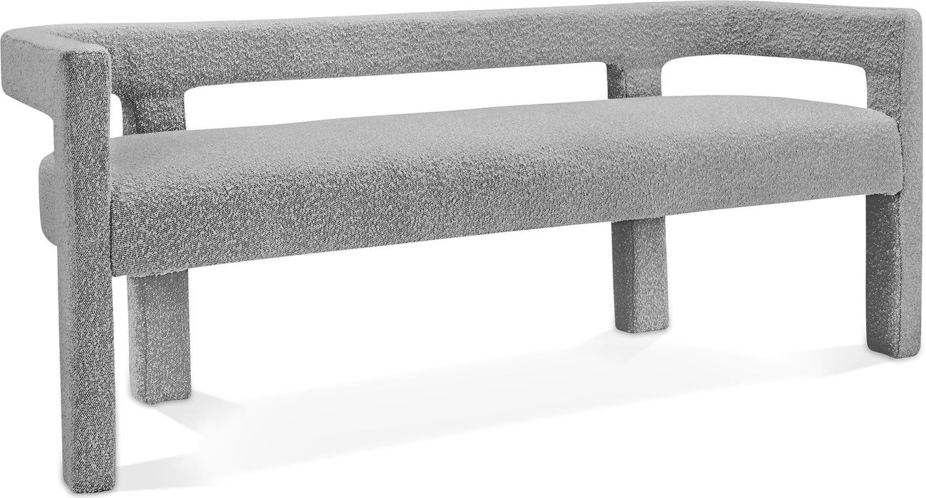 Meridian Furniture Athena boucle fabric upholstered bench with cushioned top and wooden legs, ideal for living room or entryway.
