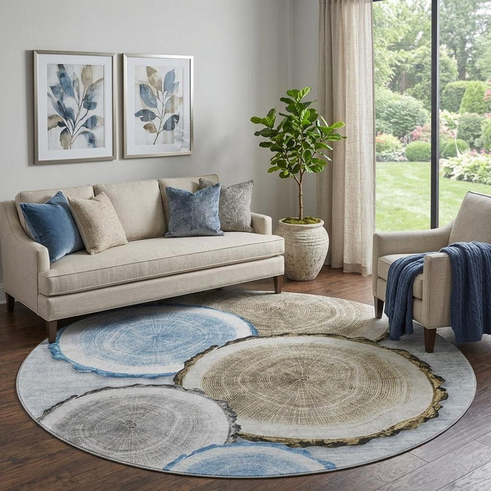 8' Faux Bois Washable Round Rug With UV Protection (649921) - Blue / Brown / Ivory