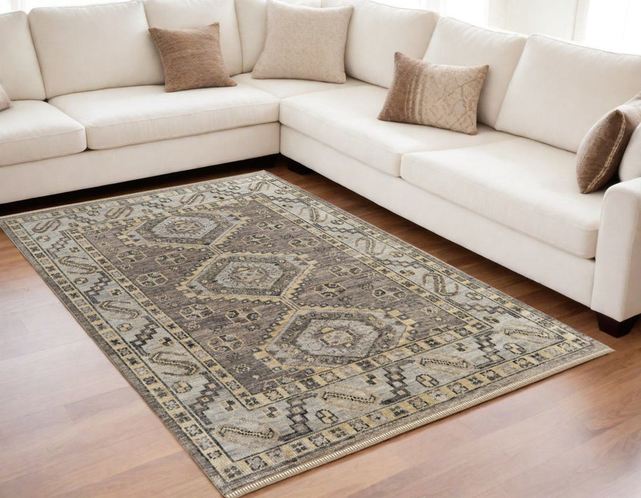 5' x 8' Wool Geometric Hand Knotted Area Rug With Fringe - Gray And Brown