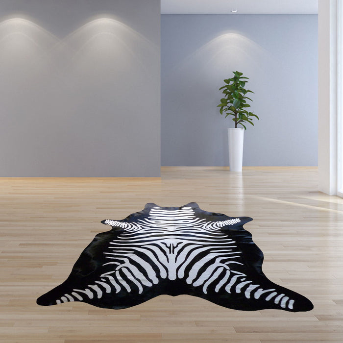 6' Stenciled Reverse Zebra Cowhide Rug - Black White