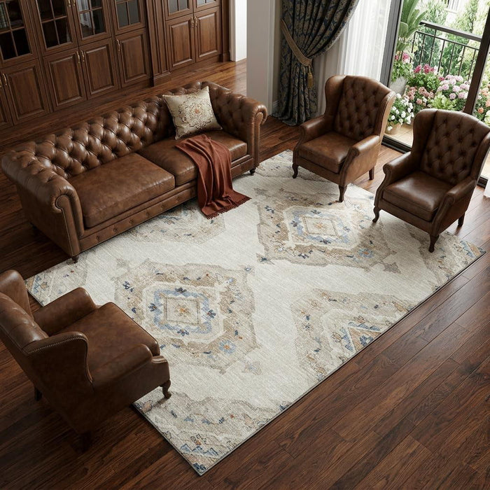 9' X 12' Tribal Distressed Washable Area Rug With UV Protection (644179) - Linen / Ivory / Blue