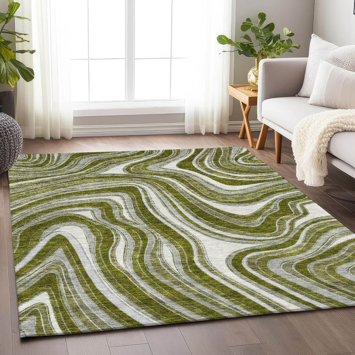 9' X 12' Marble Washable Area Rug With UV Protection - Olive Green