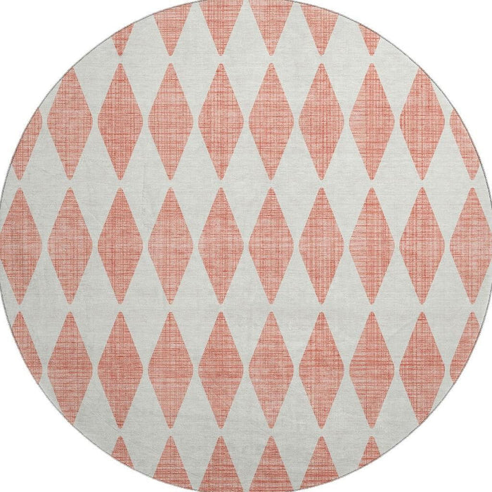 8' Diamond Washable Round Rug With UV Protection (650113) - Salmon / Ivory